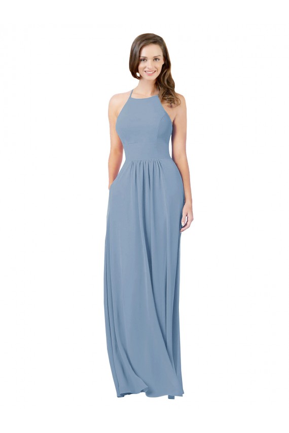 Compre Azul polvoriento línea A Halter Gasa Largo Vestidos de dama de honor