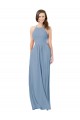 Compre Azul polvoriento línea A Halter Gasa Largo Vestidos de dama de honor