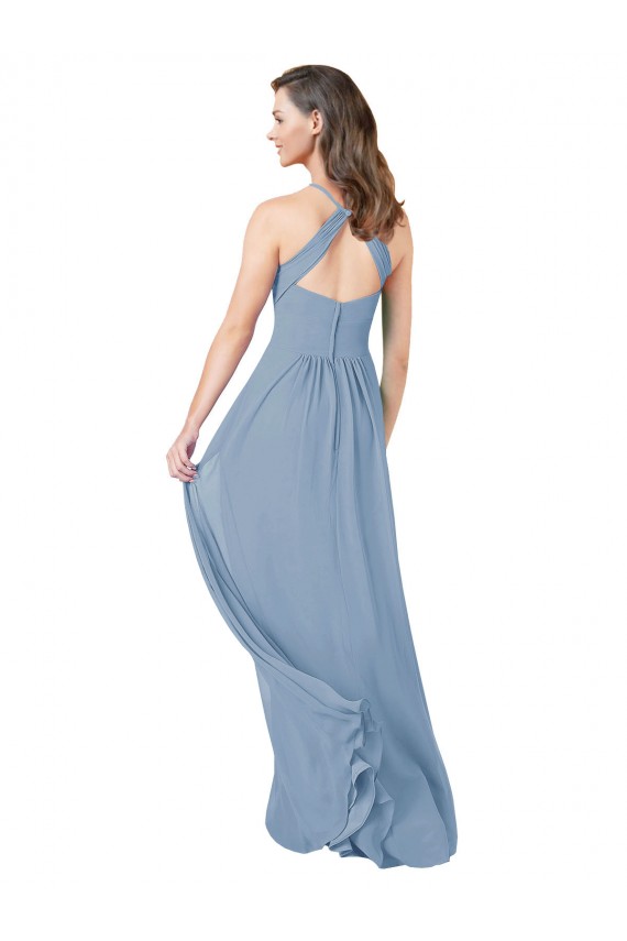 Compre Azul polvoriento línea A Halter Gasa Largo Vestidos de dama de honor