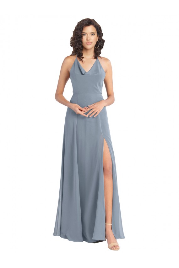Compre Azul polvoriento línea A Halter Gasa Largo Vestidos de dama de honor