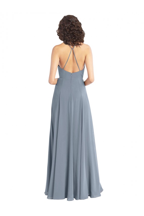 Compre Azul polvoriento línea A Halter Gasa Largo Vestidos de dama de honor