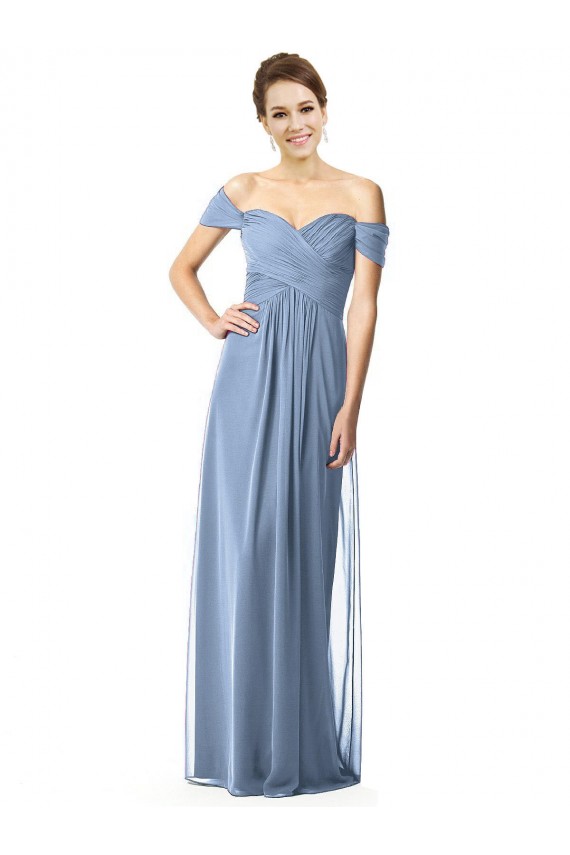 Compre Azul polvoriento línea A Hombros Descubiertos Gasa Largo Vestidos de dama de honor