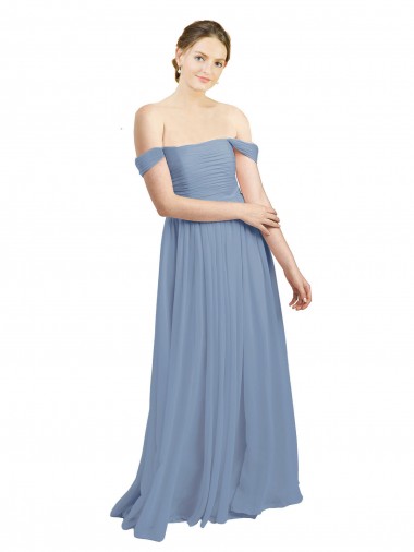 Compre Azul polvoriento línea A Hombros Descubiertos Gasa Largo Vestidos de dama de honor