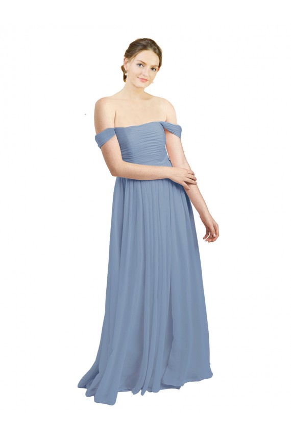 Compre Azul polvoriento línea A Hombros Descubiertos Gasa Largo Vestidos de dama de honor