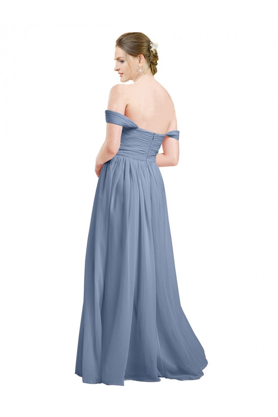 Compre Azul polvoriento línea A Hombros Descubiertos Gasa Largo Vestidos de dama de honor