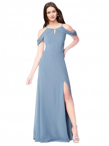 Compre Azul polvoriento línea A Hombros Descubiertos Gasa Largo Vestidos de dama de honor