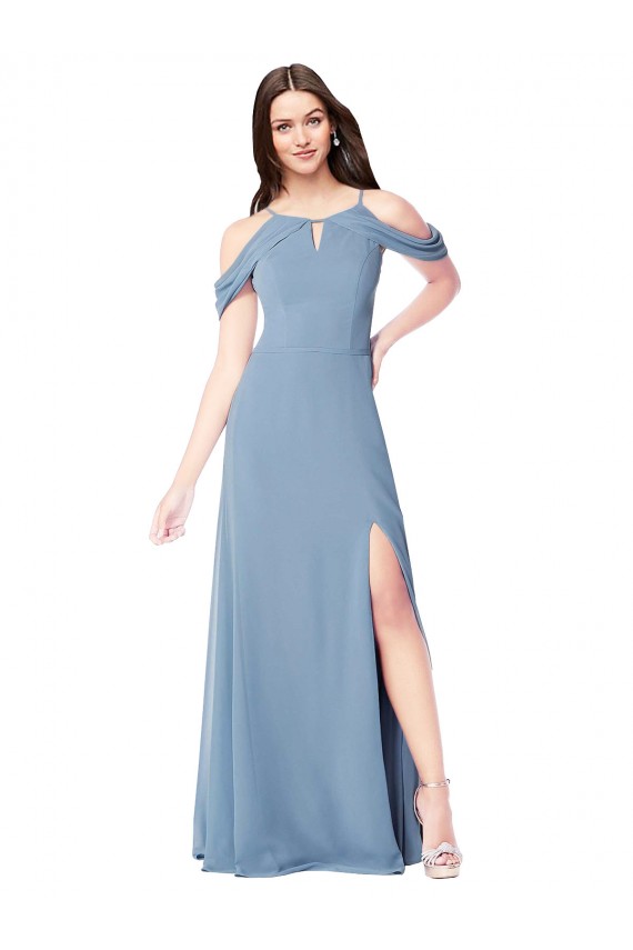 Compre Azul polvoriento línea A Hombros Descubiertos Gasa Largo Vestidos de dama de honor