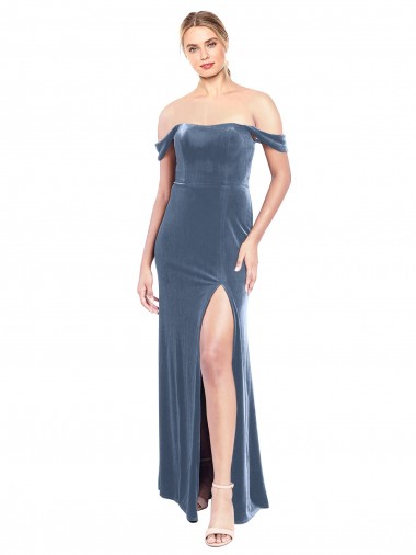 Compre Azul polvoriento línea A Hombros Descubiertos Sin tirantes Terciopelo Elástico Largo Vestidos de dama de honor / Vestidos de fiesta
