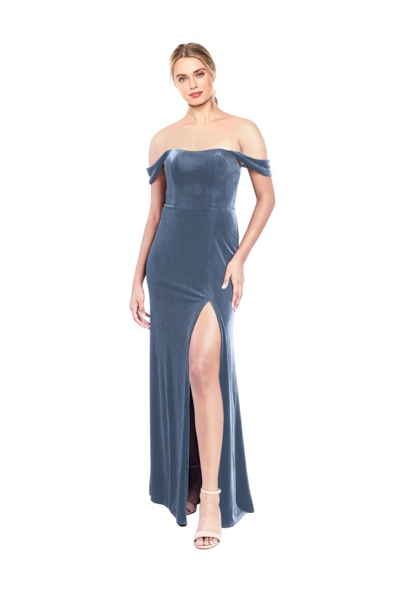 Compre Azul polvoriento línea A Hombros Descubiertos Sin tirantes Terciopelo Elástico Largo Vestidos de dama de honor / Vestidos de fiesta