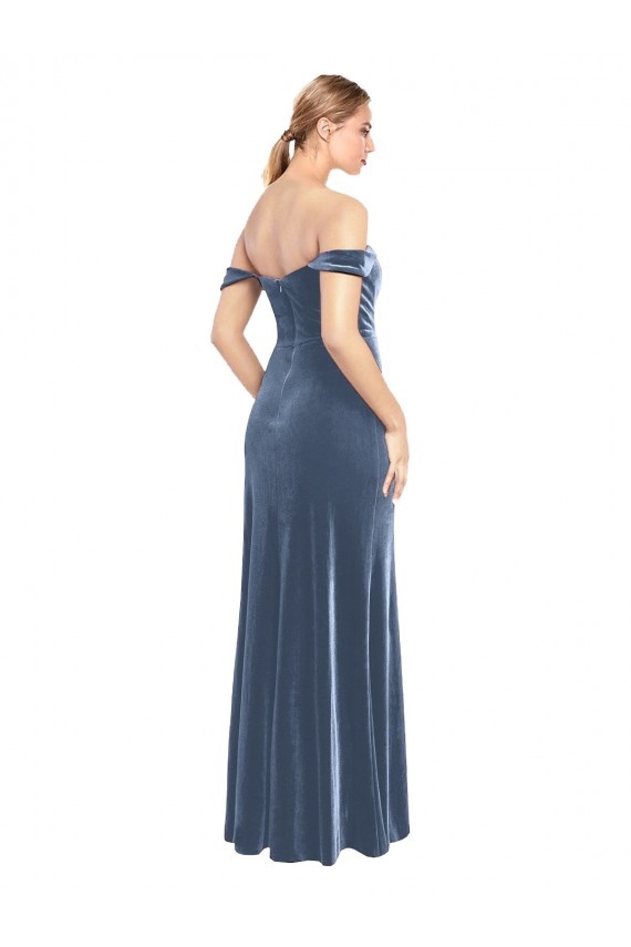 Compre Azul polvoriento línea A Hombros Descubiertos Sin tirantes Terciopelo Elástico Largo Vestidos de dama de honor / Vestidos de fiesta