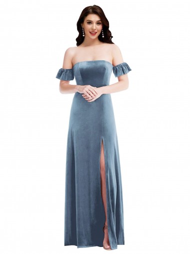 Compre Azul polvoriento línea A Hombros Descubiertos Terciopelo Elástico Largo Vestidos de dama de honor / Vestidos de fiesta