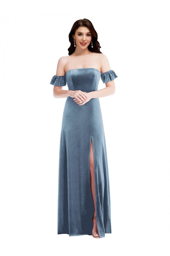 Compre Azul polvoriento línea A Hombros Descubiertos Terciopelo Elástico Largo Vestidos de dama de honor / Vestidos de fiesta
