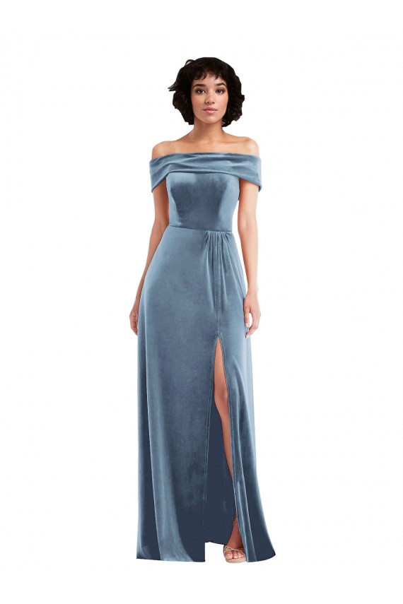 Compre Azul polvoriento línea A Hombros Descubiertos Terciopelo Elástico Largo Vestidos de dama de honor / Vestidos de fiesta