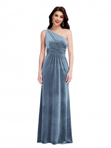 Compre Azul polvoriento línea A Hombros Descubiertos Terciopelo Elástico Largo Vestidos de dama de honor / Vestidos de fiesta