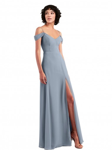 Compre Azul polvoriento línea A Hombros Descubiertos Tirantes espagueti Gasa Largo Vestidos de dama de honor