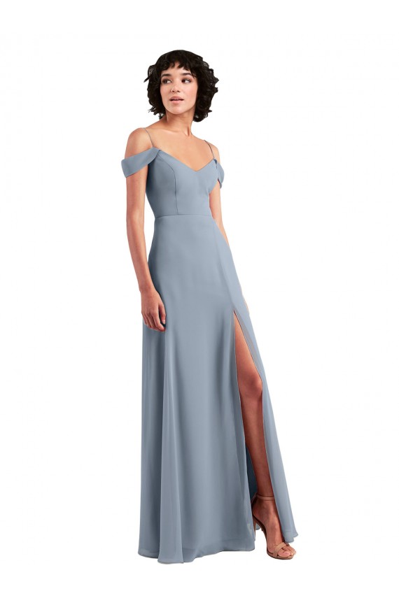 Compre Azul polvoriento línea A Hombros Descubiertos Tirantes espagueti Gasa Largo Vestidos de dama de honor