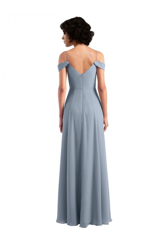 Compre Azul polvoriento línea A Hombros Descubiertos Tirantes espagueti Gasa Largo Vestidos de dama de honor