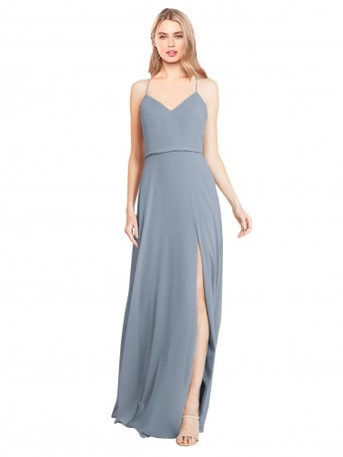 Compre Azul polvoriento línea A Hombros Descubiertos Tirantes espagueti Gasa Largo Vestidos de dama de honor