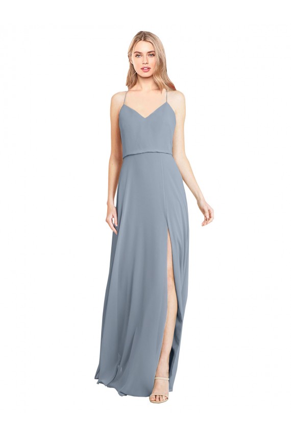 Compre Azul polvoriento línea A Hombros Descubiertos Tirantes espagueti Gasa Largo Vestidos de dama de honor