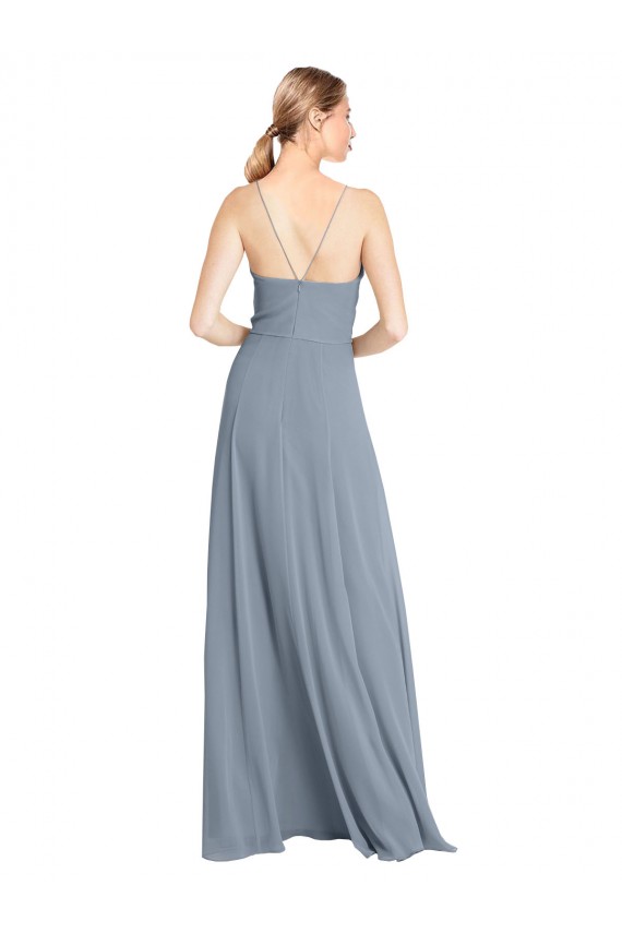 Compre Azul polvoriento línea A Hombros Descubiertos Tirantes espagueti Gasa Largo Vestidos de dama de honor