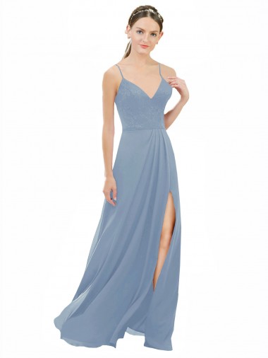 Compre Azul polvoriento línea A Tirantes espagueti Cuello en V Gasa Encaje Largo Vestidos de dama de honor