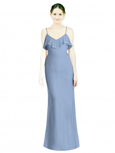 Compre Azul polvoriento línea A Tirantes espagueti Cuello en V Gasa Largo Vestidos de dama de honor
