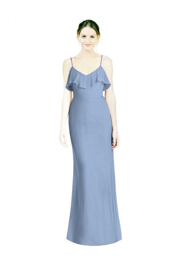 Compre Azul polvoriento línea A Tirantes espagueti Cuello en V Gasa Largo Vestidos de dama de honor