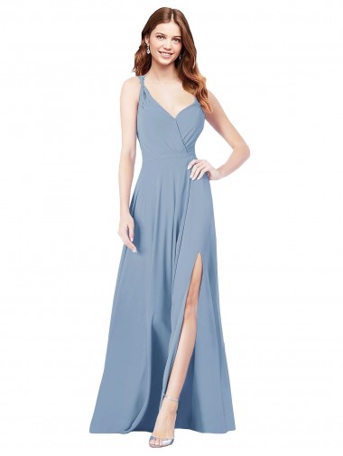 Compre Azul polvoriento línea A Tirantes espagueti Cuello en V Gasa Largo Vestidos de dama de honor