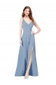Compre Azul polvoriento línea A Tirantes espagueti Cuello en V Gasa Largo Vestidos de dama de honor