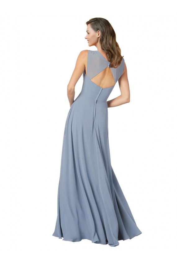 Compre Azul polvoriento línea A Tirantes espagueti Cuello en V Gasa Largo Vestidos de dama de honor
