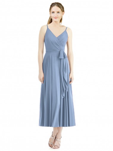 Compre Azul polvoriento línea A Tirantes espagueti Gasa Corto Vestidos de dama de honor
