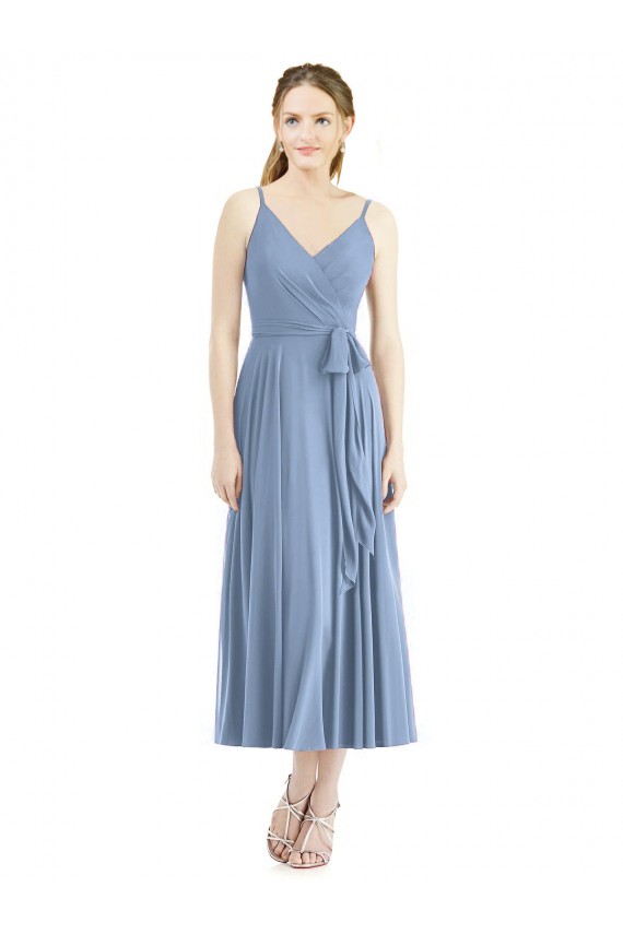 Compre Azul polvoriento línea A Tirantes espagueti Gasa Corto Vestidos de dama de honor
