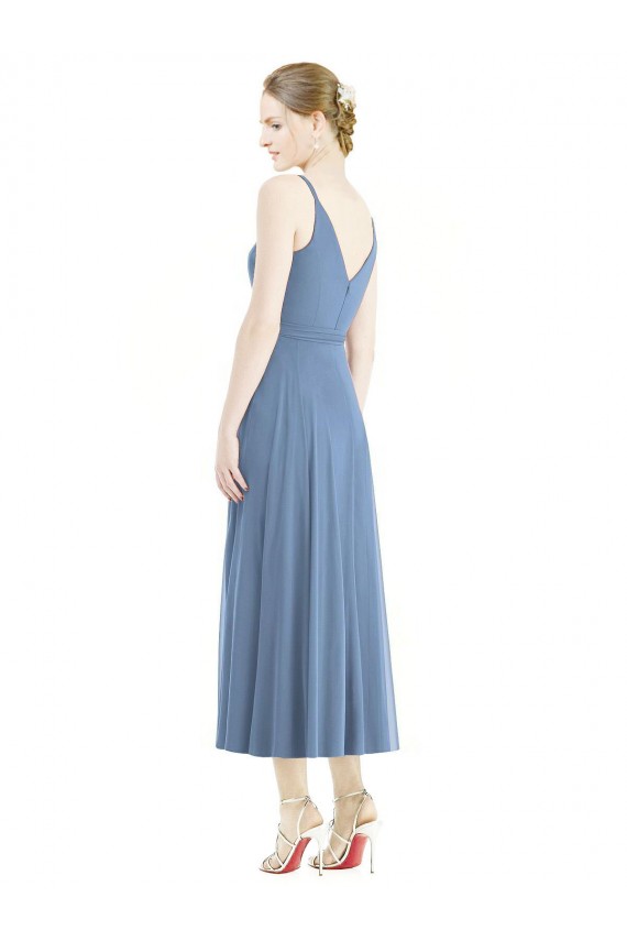 Compre Azul polvoriento línea A Tirantes espagueti Gasa Corto Vestidos de dama de honor