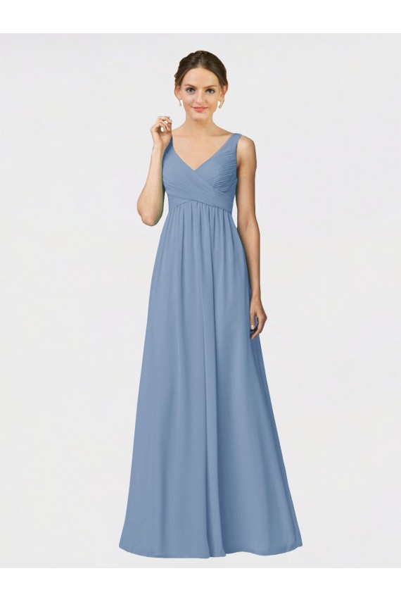 Compre Azul polvoriento línea A Tirantes espagueti Gasa Largo Vestidos de dama de honor