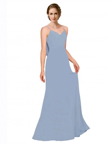Compre Azul polvoriento línea A Tirantes espagueti Gasa Largo Vestidos de dama de honor