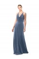 Compre Azul polvoriento línea A Tirantes espagueti Halter Terciopelo Elástico Largo Vestidos de dama de honor / Vestidos de fiesta