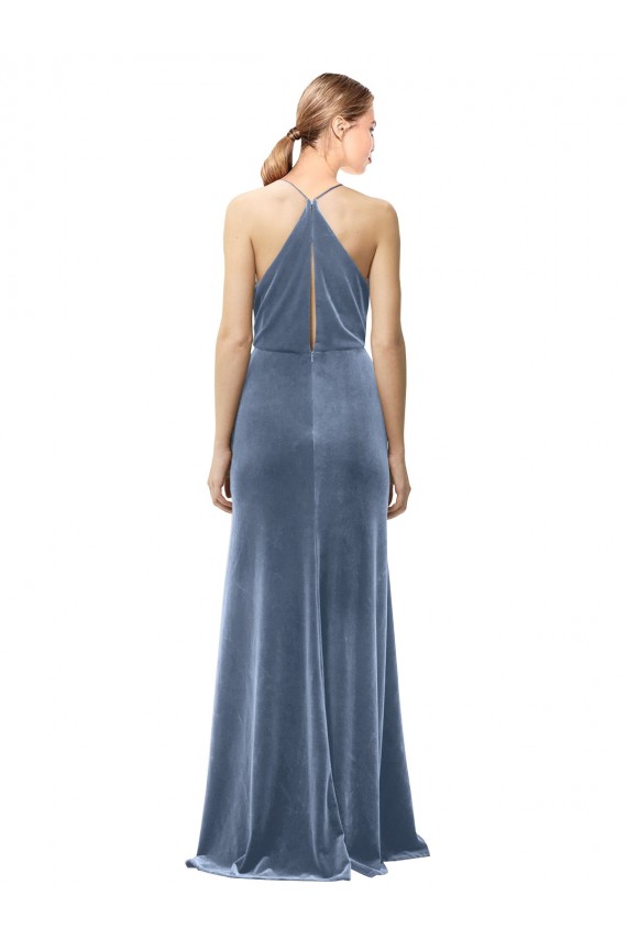 Compre Azul polvoriento línea A Tirantes espagueti Halter Terciopelo Elástico Largo Vestidos de dama de honor / Vestidos de fiesta