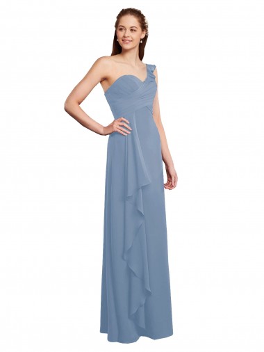 Compre Azul polvoriento línea A Un Hombre Cuello de Corazón Gasa Largo Vestidos de dama de honor