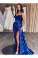 Compre Azul real Cubierta Cuello de Corazón Barrer tren Lentejuelas Terciopelo Largo Vestidos de fiesta