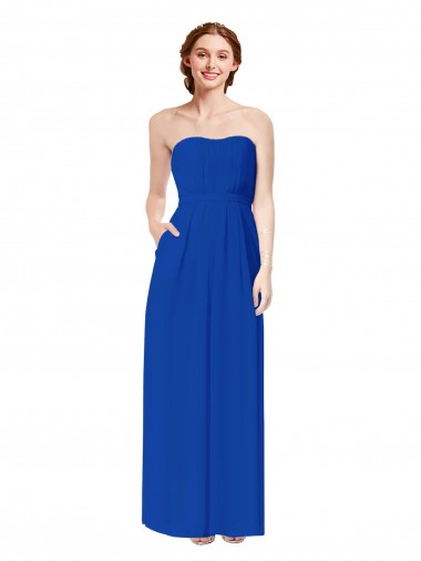 Compre Azul real Cubierta Cuello de Corazón Gasa Largo Vestidos de dama de honor