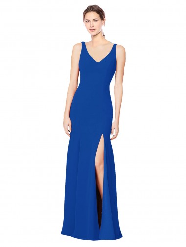 Compre Azul real Cubierta Cuello de Corazón Gasa Largo Vestidos de dama de honor