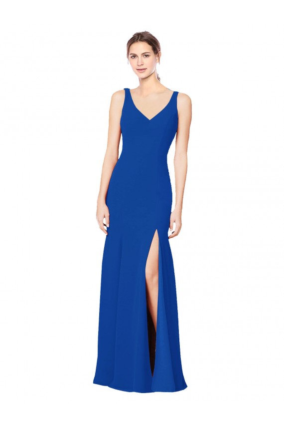 Compre Azul real Cubierta Cuello de Corazón Gasa Largo Vestidos de dama de honor