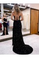 Compre Azul real Cubierta Cuello en V Barrer tren Lentejuelas Terciopelo Largo Vestidos de fiesta
