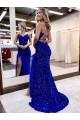 Compre Azul real Cubierta Cuello en V Barrer tren Lentejuelas Terciopelo Largo Vestidos de fiesta