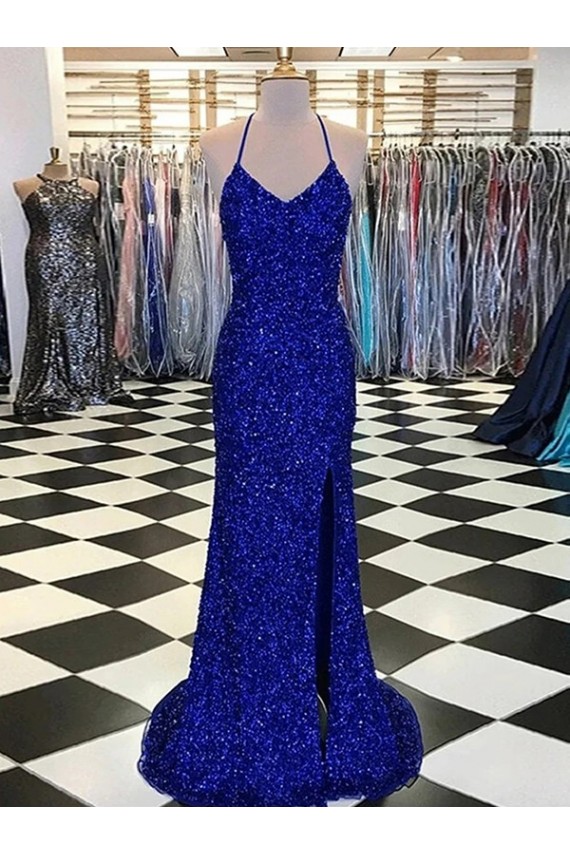 Compre Azul real Cubierta Cuello en V Barrer tren Lentejuelas Terciopelo Largo Vestidos de fiesta