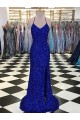 Compre Azul real Cubierta Cuello en V Barrer tren Lentejuelas Terciopelo Largo Vestidos de fiesta