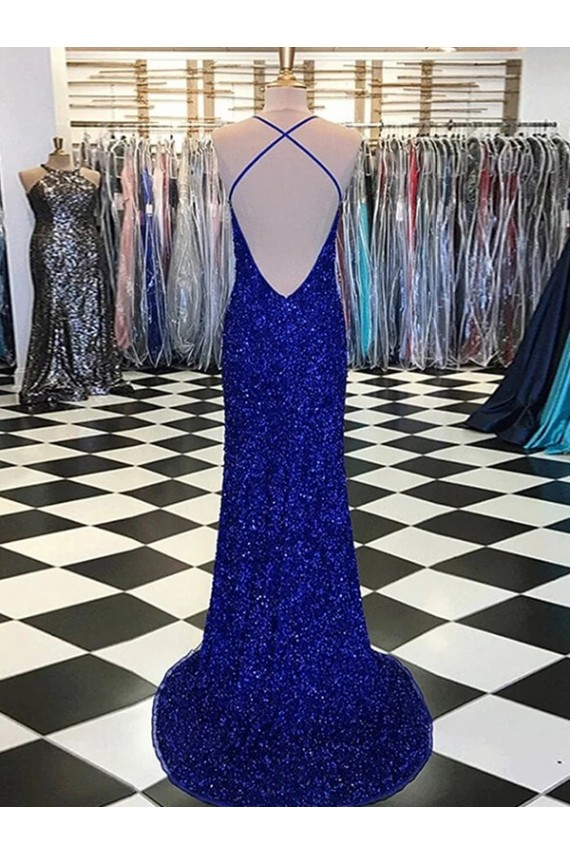 Compre Azul real Cubierta Cuello en V Barrer tren Lentejuelas Terciopelo Largo Vestidos de fiesta