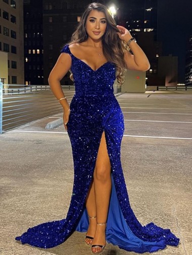 Compre Azul real Cubierta Cuello en V Barrer tren Lentejuelas Terciopelo Largo Vestidos de fiesta
