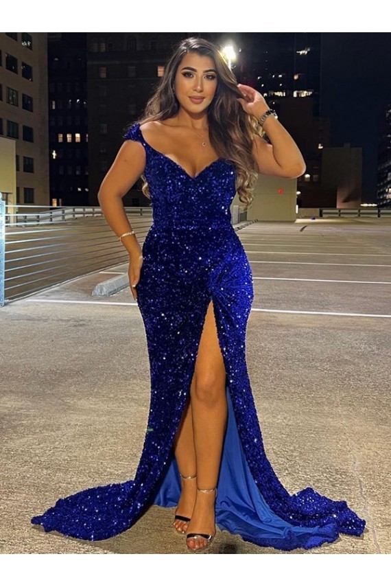 Compre Azul real Cubierta Cuello en V Barrer tren Lentejuelas Terciopelo Largo Vestidos de fiesta