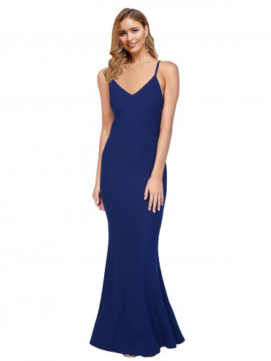 Compre Azul real Cubierta Cuello en V Crepé Elástico Largo Formales Vestidos de dama de honor / Vestidos de fiesta